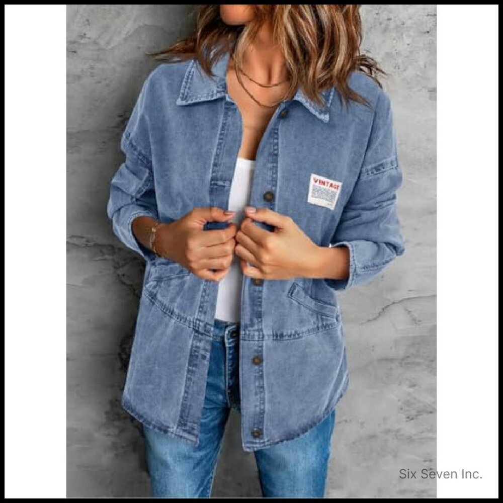 Oversized Denim Jacket Vintage Y2K Distressed Boyfriend Fit Utility Coat - Picture 3 of 8